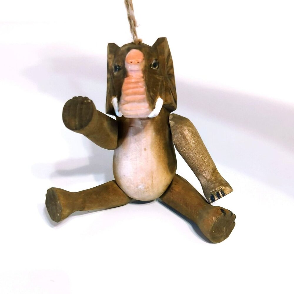 Vintage Carved Wood Elephant Ornament Jointed Folk Art Christmas 5-Inches Tall